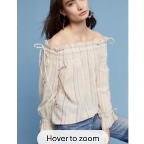 NEW ANTHROPOLOGIE LOVE SAM SZ S AZALEA OFF SHOULDER STRIPED PEASANT TOP $145 - Picture 2 of 6